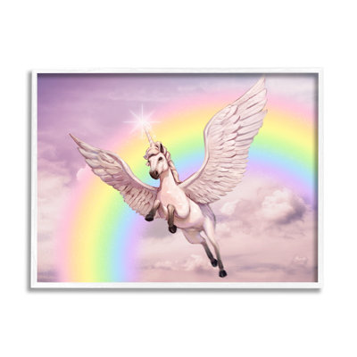 Licorne volant des nuages duveteux arc-en-ciel rose par Ziwei Li - impression