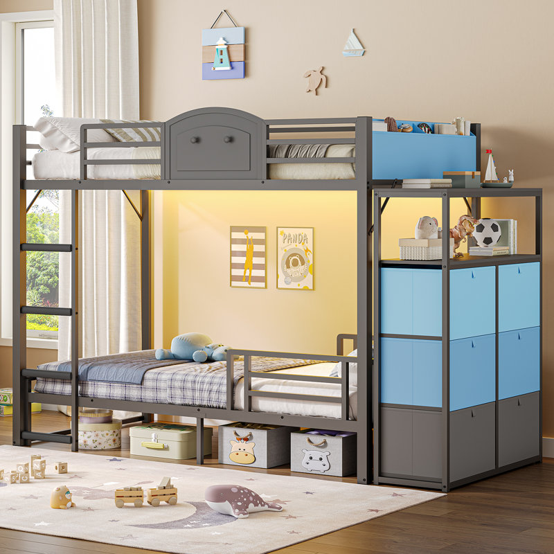 Convertible L-shaped Loft bed with Chest of Drawers, Twin Bunk Bed for Bedroom, Kids bed with twin bed underneath, Gray