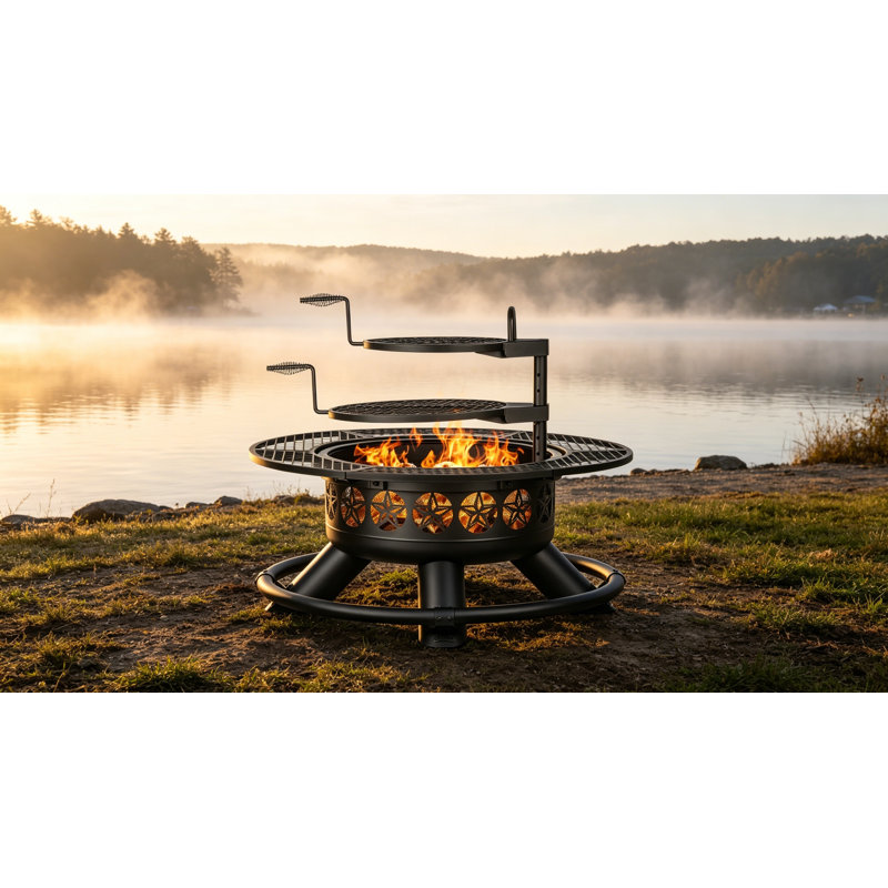 47" 3-in-1 Fire Pit with 2 Grills Lid Poker Black