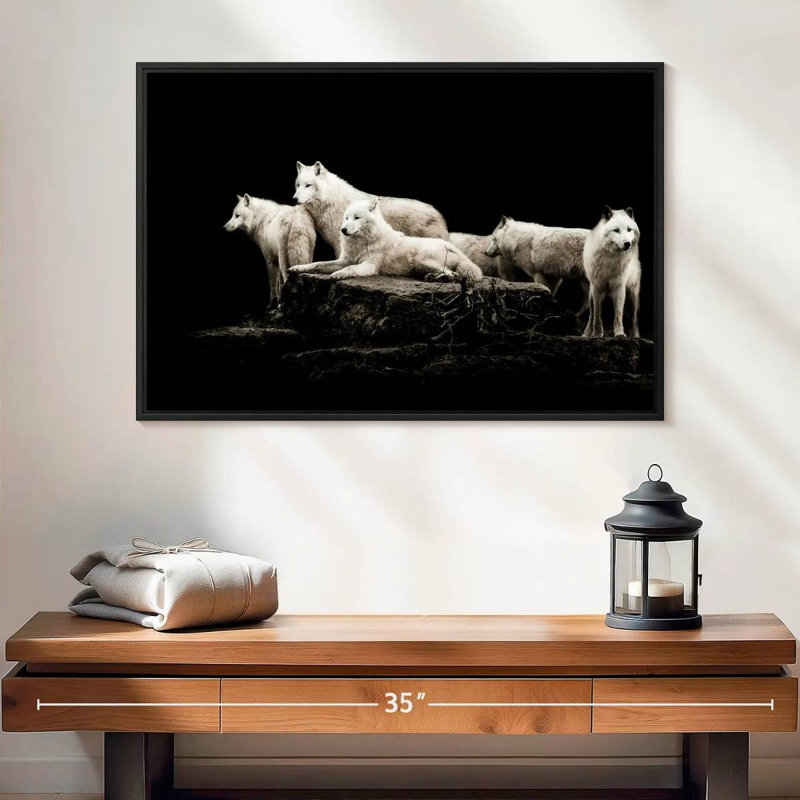 Loups blancs, 25 po x 17 po, Cadre flottant noir