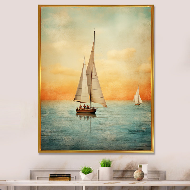 Voilier abstrait côtier, H 44 po x l 34 po x P 1,5 po, Cadre flottant doré