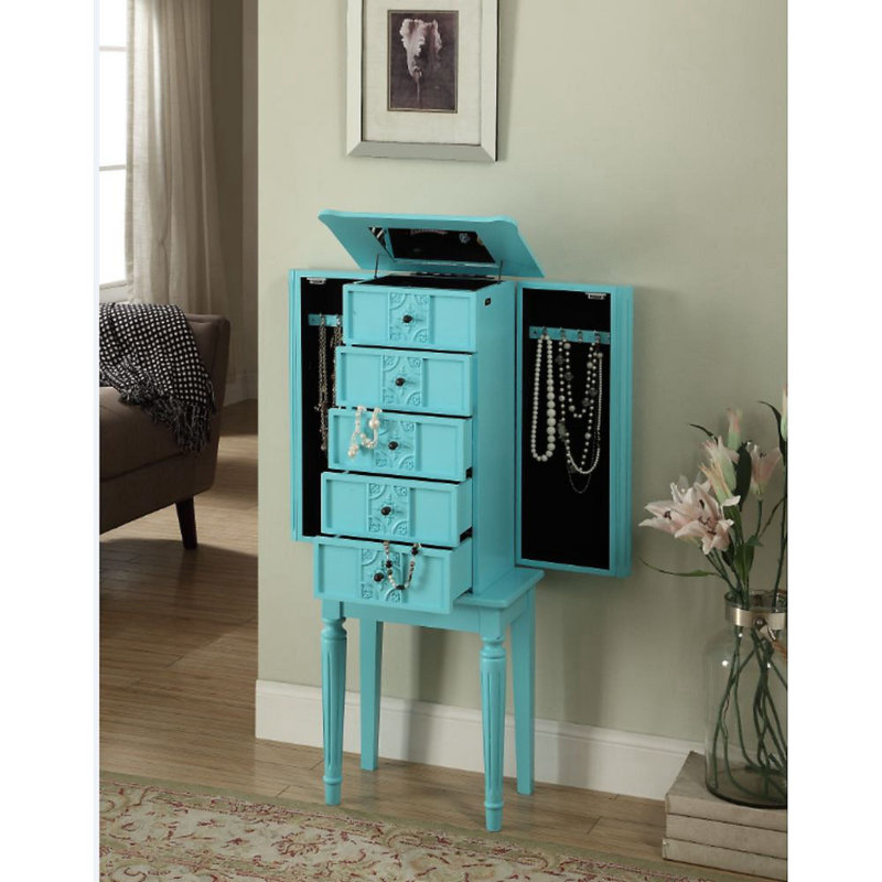 Armoire à bijoux avec miroir 4 tiroirs Beaty, Bleu clair