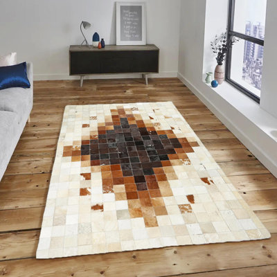 Brown And Cream Ombre Cowhide Patchwork Rug With Diamond Pattern Design For Modern Living 8.83 X 12 Ft