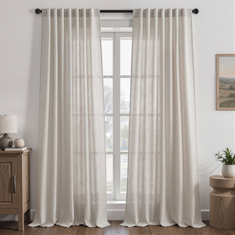 Linen Back Tab Curtains,Light Filtering Curtain, Thick Linen Textured Semi Sheer Drapes(Set of 2,With Hooks), 52" W x 90" L