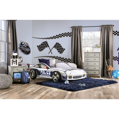 Lit simple moderne avec thème voiture, surface ultrabrillante, supports en métal, ensemble de lattes, bleu et blanc pour la conception de la chambre à coucher, décoration