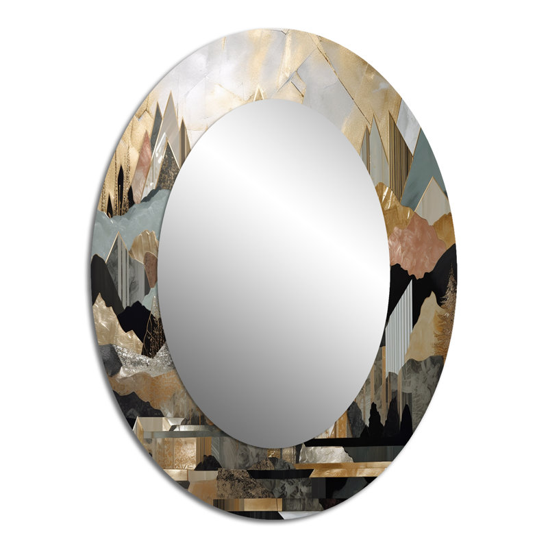 Grey And Gold Geometric Horizons I - Gray Modern Oval Wall Mirror, 40" x 30"