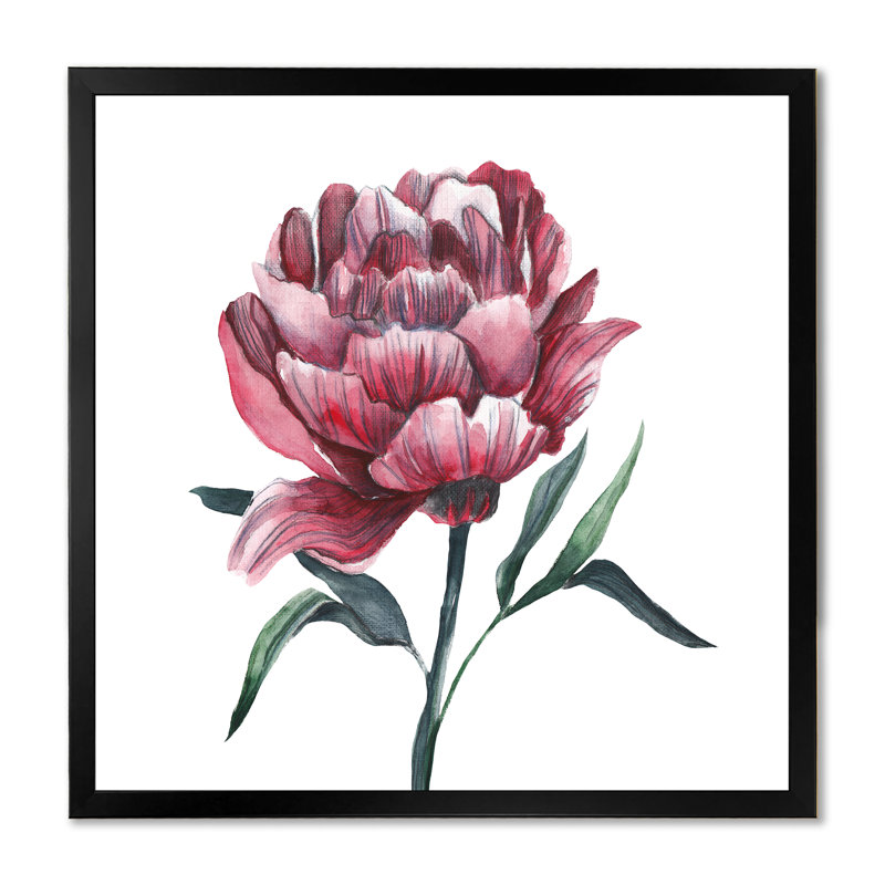 Fleur de pivoine rouge rétro, Impression noire sur toile encadrée, H 16 po x l 16 po x P 1 po