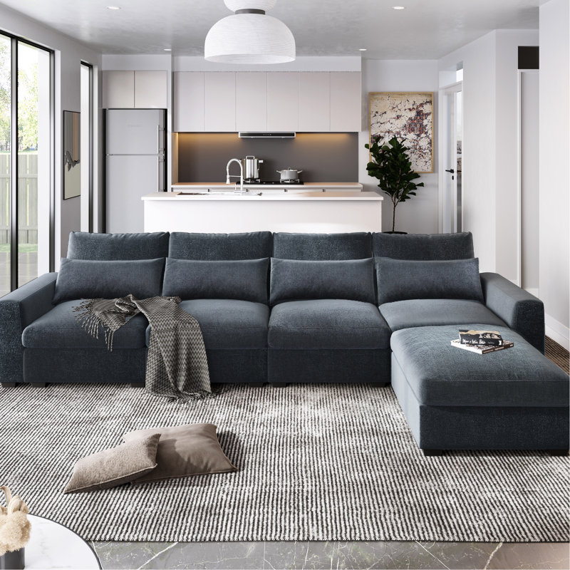 Canapé modulaire fonctionnel en L avec méridienne réversible - Chenille gris foncé, Chenille grise foncée