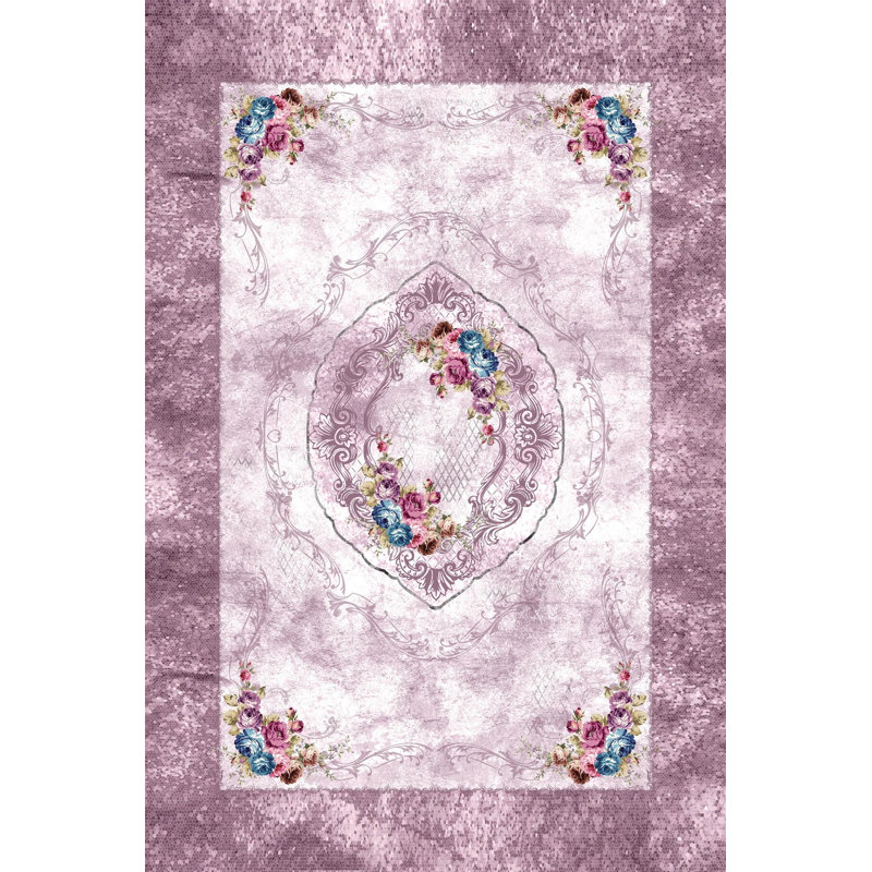 Tapis en polyester tissé à la machine en mauve / blanc Abdurrahman, Rectangle 4 pi 7 po x 7 pi 3 po