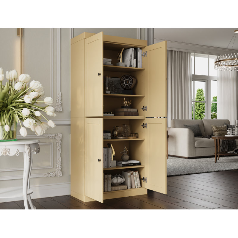 Bibliothèque 100% bois massif à 6 tablettes, portes Shaker, tablettes réglables, 32 po de largeur, 71,5 po de hauteur, Jaune