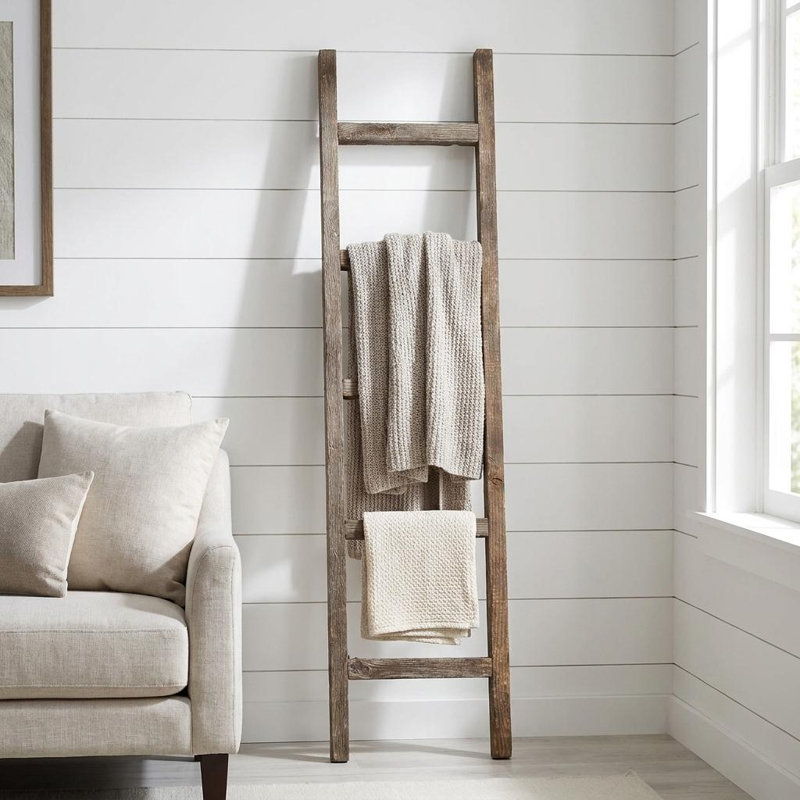 Orla Rustic Step Wood Ladder Shelf, Gray, (5 Shelves) 60" H x 15" W x 2" D