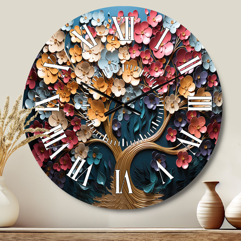 Horloge murale multicolore arbre doré sur fond bleu, Médium