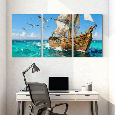 Ensemble de 3 impressions sur toile, voilier nautique, océan, vagues, bleu ciel, eau bleue