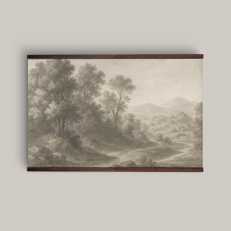 Tapestry Canvas, Vintage Landscape Wall Hanging – Monochrome Forest & Mountain Scene with Wooden Hanger, 45" H x 73" W