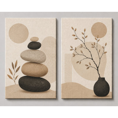 Très grand ensemble de 2 Zen Stone Balance Wall Art beige neutre et minimaliste, décor de spa pour le salon, la chambre à coucher, la salle de bain, impression sur toile 24 x 36 pouces - prête à être accrochée