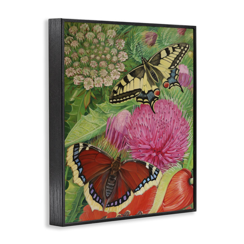 Insectes et fleurs de jardin, estampe numérique, design par Violeta Vollmer, H 14 po x l 11 po, Giclée encadrée noir minuit
