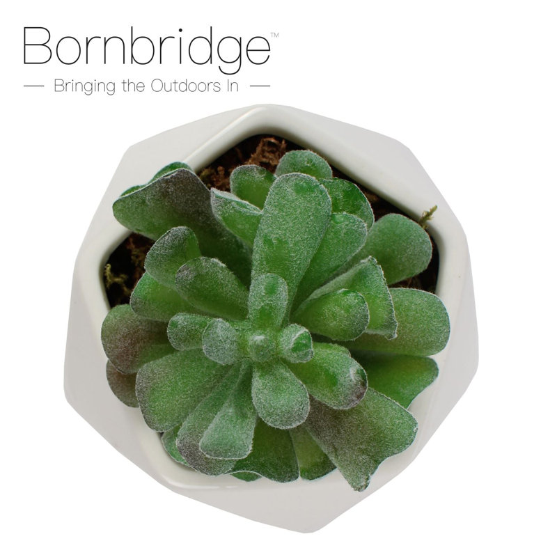 Small Green Artificial Succulent in White Geometric Ceramic Planter