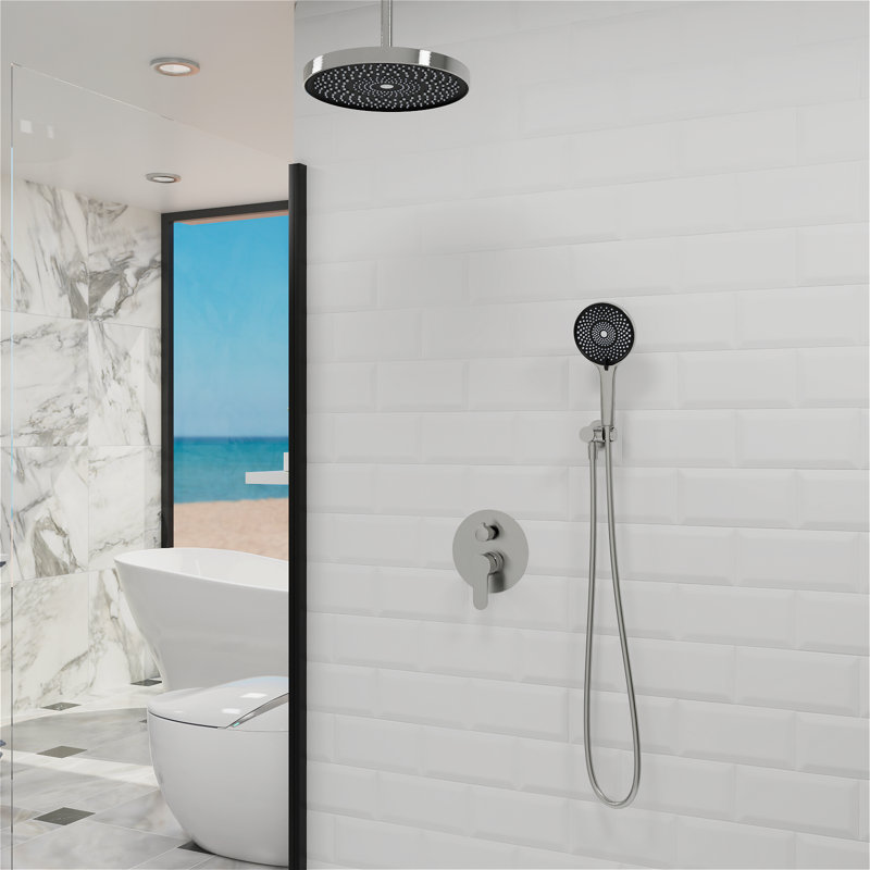 Shower Systems with 12"Rain Shower and High Pressure Handheld Spray, Celling Mount, Rough in-Valve, Brushed Nickel