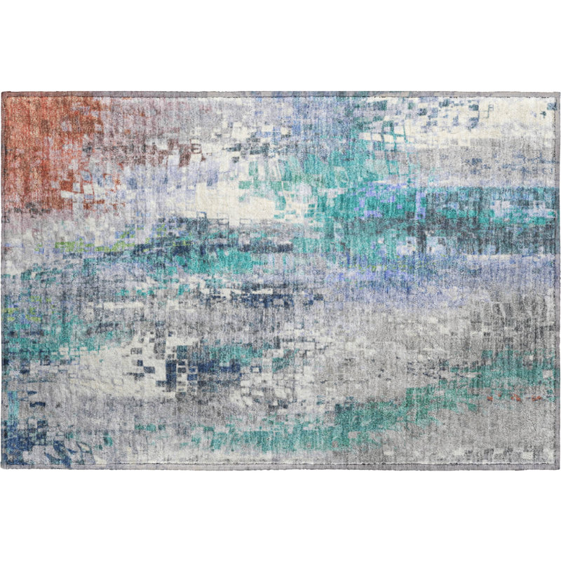 Premium Machine Washable Mayfield AMF2254 Abstract Rug, 1'8" x 2'6", Teal