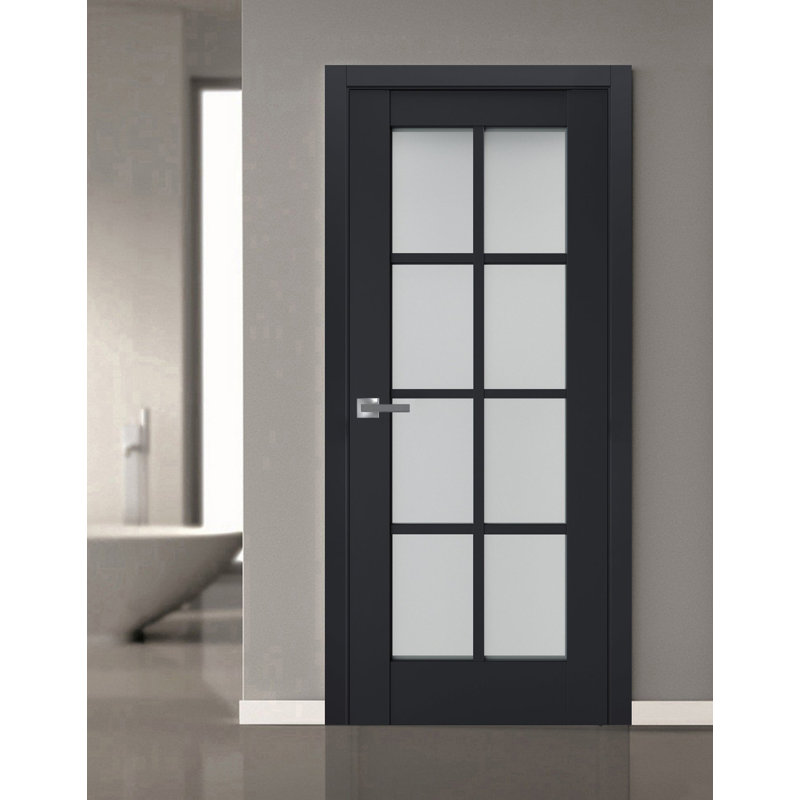 Porte intérieure française pleine prémontée, verre dépoli, Veregio 7412 Anthracite, panneau simple, cadre, poignées, pour salle de bain ou chambre, portes robustes - 91,4 cm x 243,8 cm
