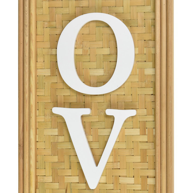 Love Wall Decor Sign with White Text on Brown Woven Wood Background