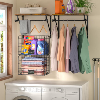 Ensemble de 2 tablettes de salle de lavage fixées au mur avec des paniers de rangement en fil de fer, des tablettes au-dessus de la laveuse et de la sécheuse avec des tiges de suspension et des crochets