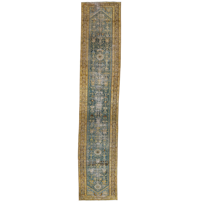 Vintage Handmade 3X17 Green And Beige Anatolian Turkish Oushak Distressed Area Runner
