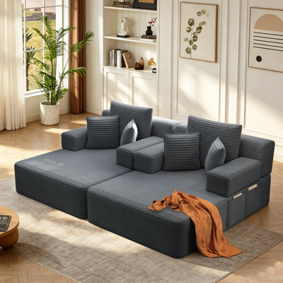Luxurious Corduroy 2-Piece Double Chaise Lounge Set, 2-In-1 Convertible Sofa Bed With Pillows And Storage Pocket, For Small Spaces