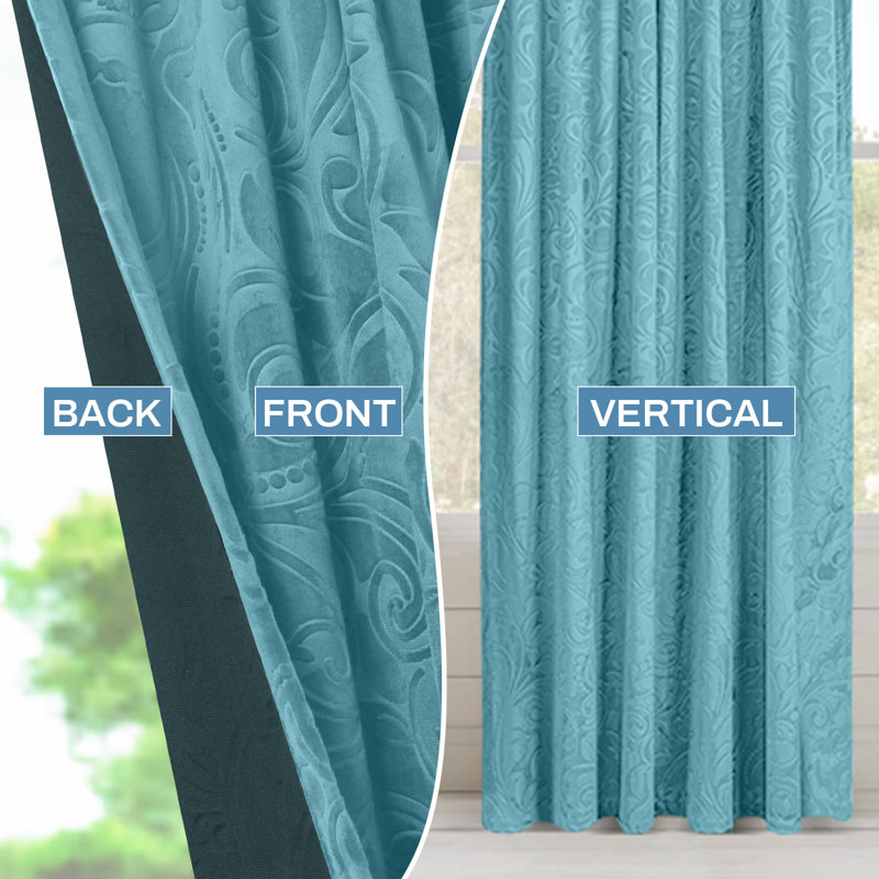 Rideaux occultant luxueux en velours à motif floral damassé et isolant thermique, L 52 po x L 108 po, Bleu