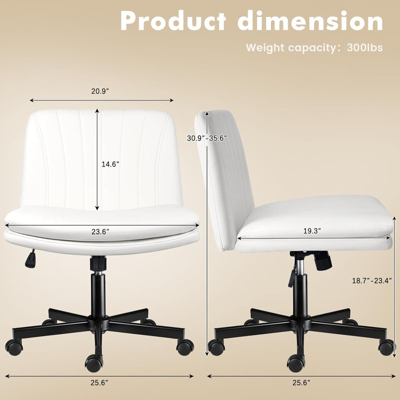Ebern Designs Armless Office Desk Chair with Wheels,Cross Legged,Middle back Chairs for Home Office, White
