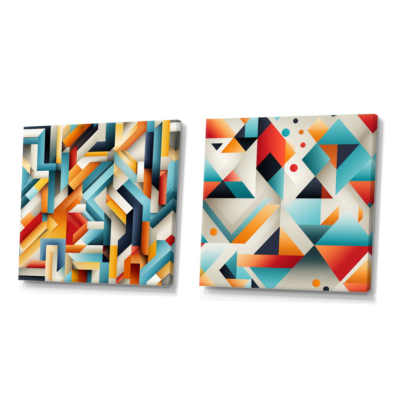 Conayr Geo Haze - Ensemble de 2 collages carrés à formes abstraites, H 30 po x l 61 po, Toile tendue