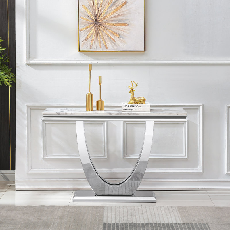Bruneta 46.85'' Marble Top Console Table, White, Silver