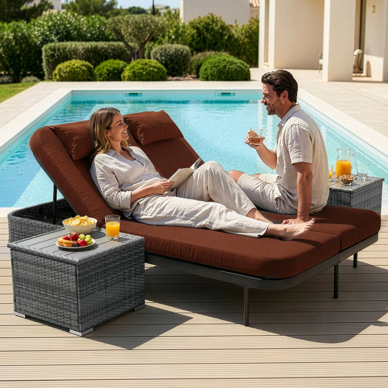 Outdoor Wicker Double Chaise Lounge Chair with Side Table & Cushions, Adjustable Reclining Back, Red