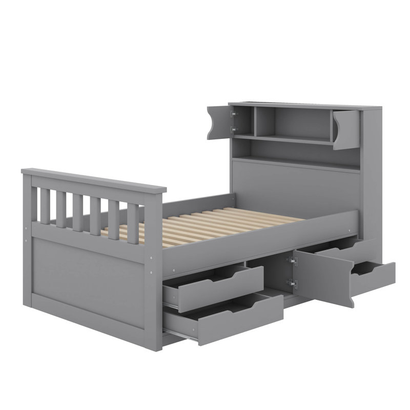 Base de lit plateforme simple avec bibliothèques de rangement, tablettes et quatre tiroirs