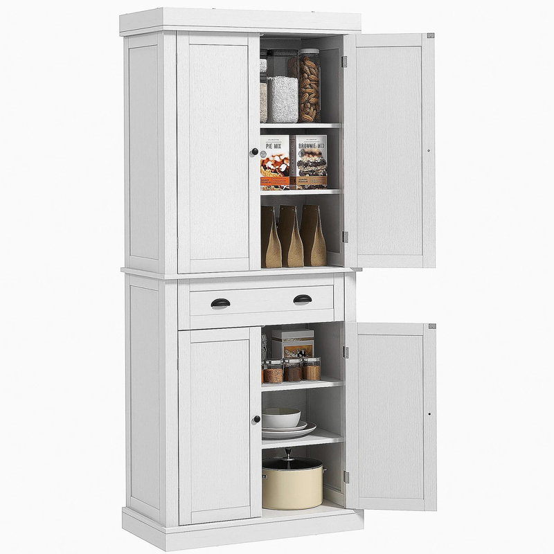HOMCOM 72.5" Kitchen Storage Cabinet, Traditional Freestanding 4-door Storage Cabinet, with Drawers and 3 Adjustable Shelves, Suitable for Dining Room, White Wood Grain