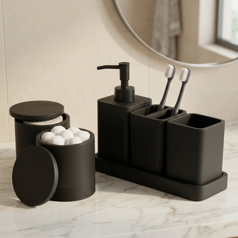 6-Piece Matte Black Bathroom Accessory Kit, Soap Dispenser Included