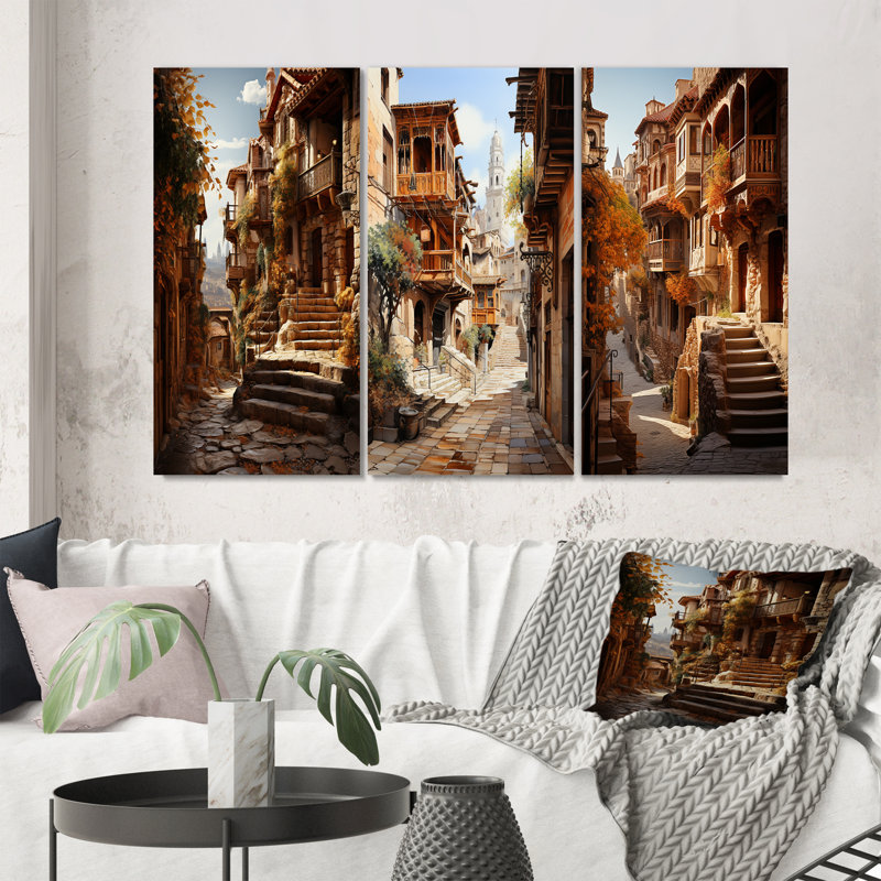 "Espagne, rues médiévales de Tolède", 3 pièces sur toile, H 40 po x l 60 po, Cadre noir