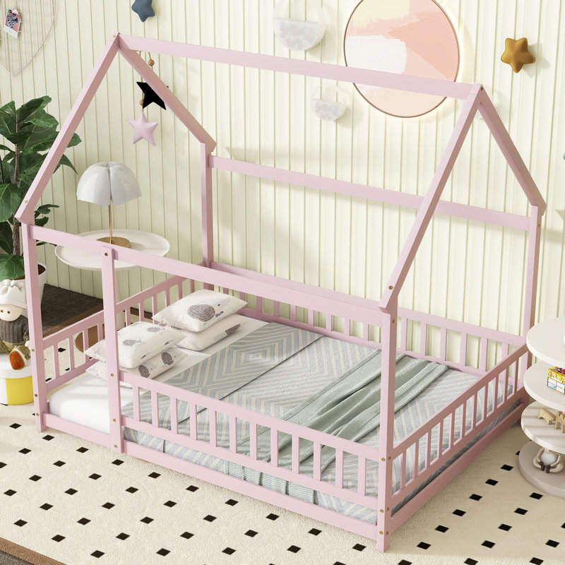 Lit à baldaquin pour enfants Soild Wood Montessori House Bed, Double, Rose