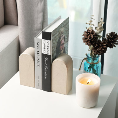 Ensemble de 2 serre-livres en marbre naturel, porte-livre moderne en pierre pour décoration de bibliothèque