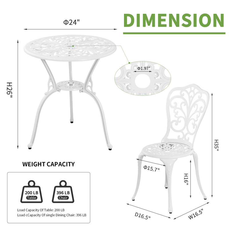 Bistro Table and Chairs Set of 2 with Umbrella Hole for Garden,White, White