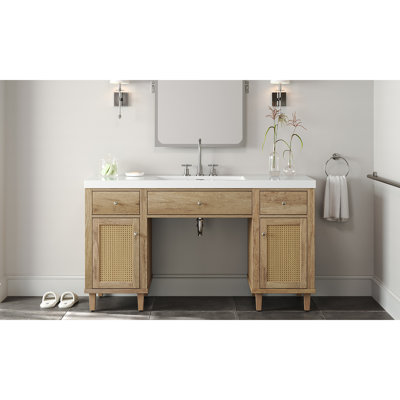 Meuble-lavabo de 60 po avec lavabo SMC, armoire de rangement spacieuse moderne avec tiroirs à fermeture en douceur et plateau basculant, pieds en bois massif et poignées en métal