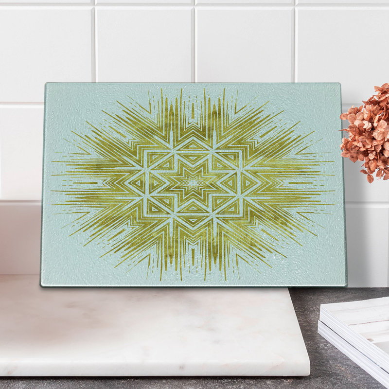 Planche à découper Ambesonne Mandala en verre trempé géométrique jaune vif et blanc