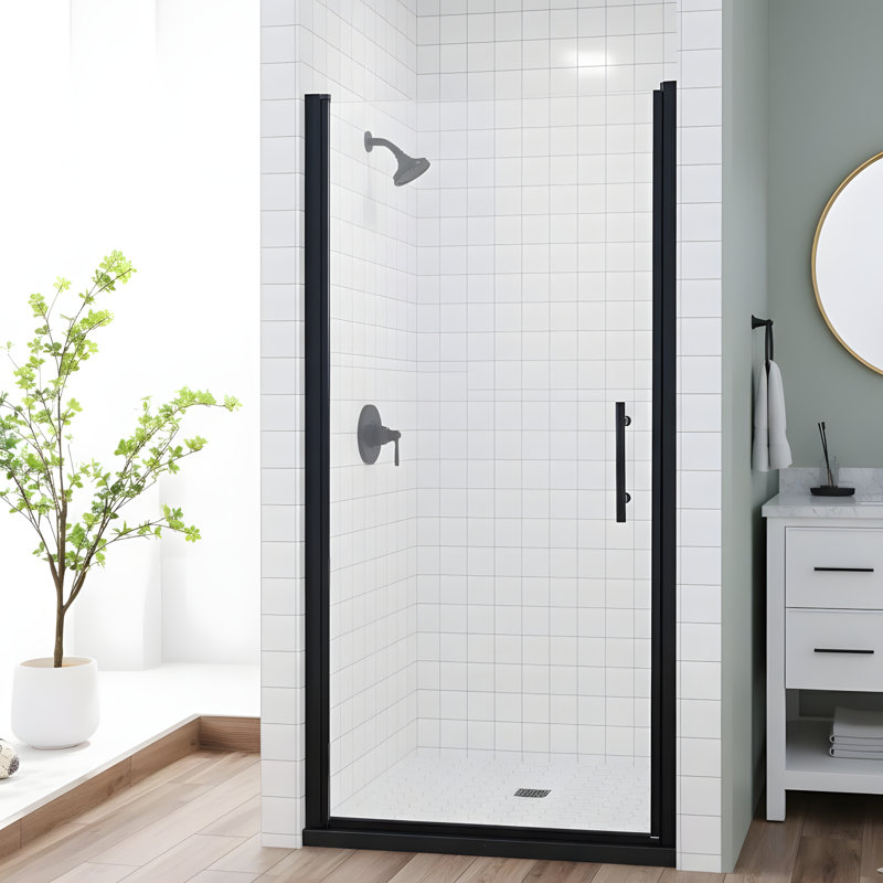 34-35.5 inches wide x 75 inches high hinged single-panel shower door, matte black aluminum alloy frame, 1/4-inch (6mm) thick SGCC tempered clear glass.