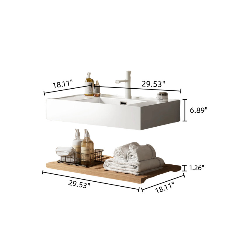 Lavabo-vasque de meuble-lavabo de 30 po. Bassin rectangulaire en acrylique blanc. Point de vue minimaliste. Facile à installer. Bois naturel avec installation scandinave. Texture