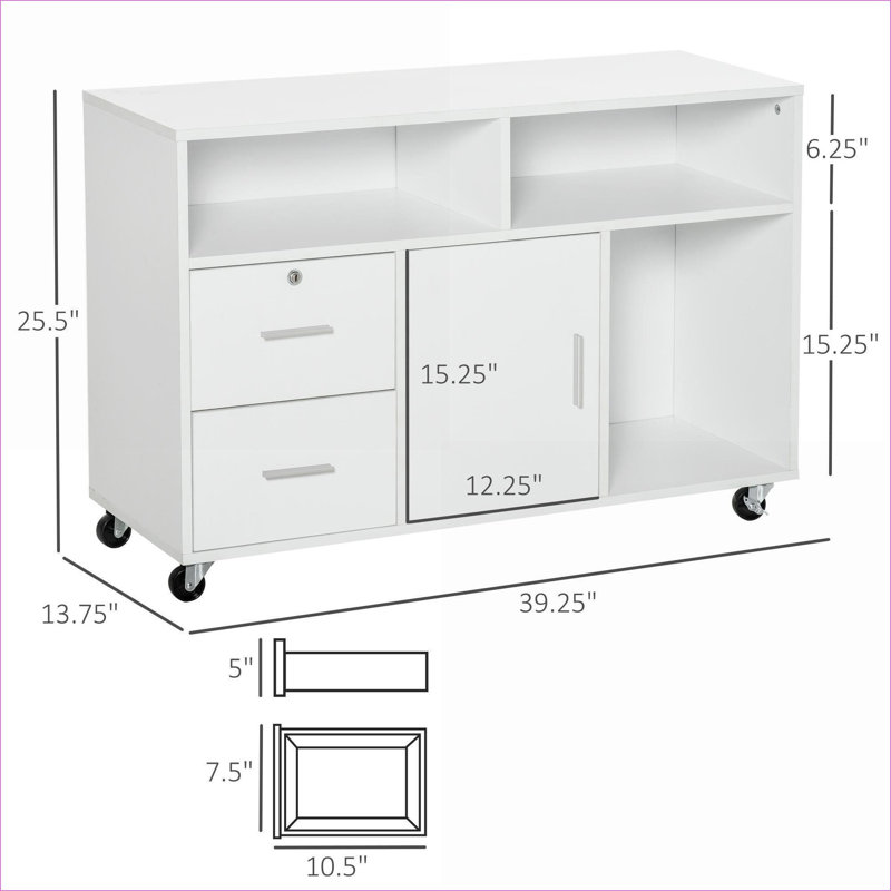 Armoires | Support à imprimante mobile moderne avec tiroir verrouillable et amp; Rangement | Panneau de particules | Blanc neige