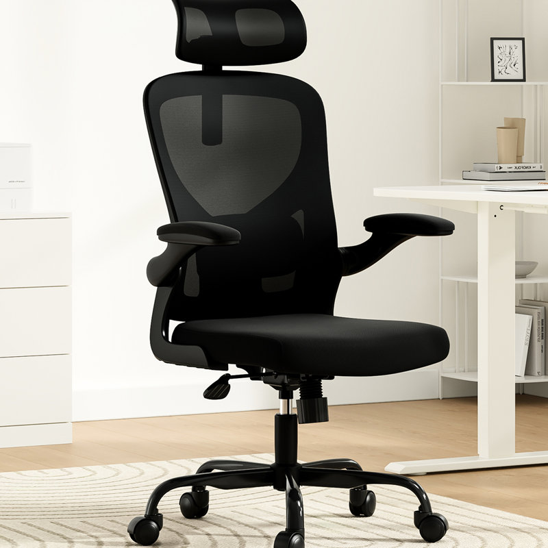 Fauteuil de bureau ergonomique avec filet rabattable et respirant, noir, support lombaire de bureau réglable facile à assembler, confort de travail