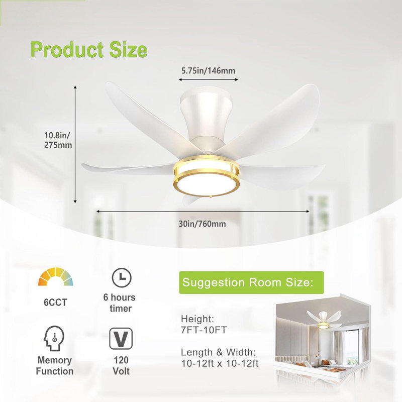 30 Inch 5 Blade Ceiling Fan With Light, Modern Ceiling Fan With Remote,Large Airflow,Flush Mount,6CCT,Dimmable,Noiseless,Bedroom Ceiling Fan