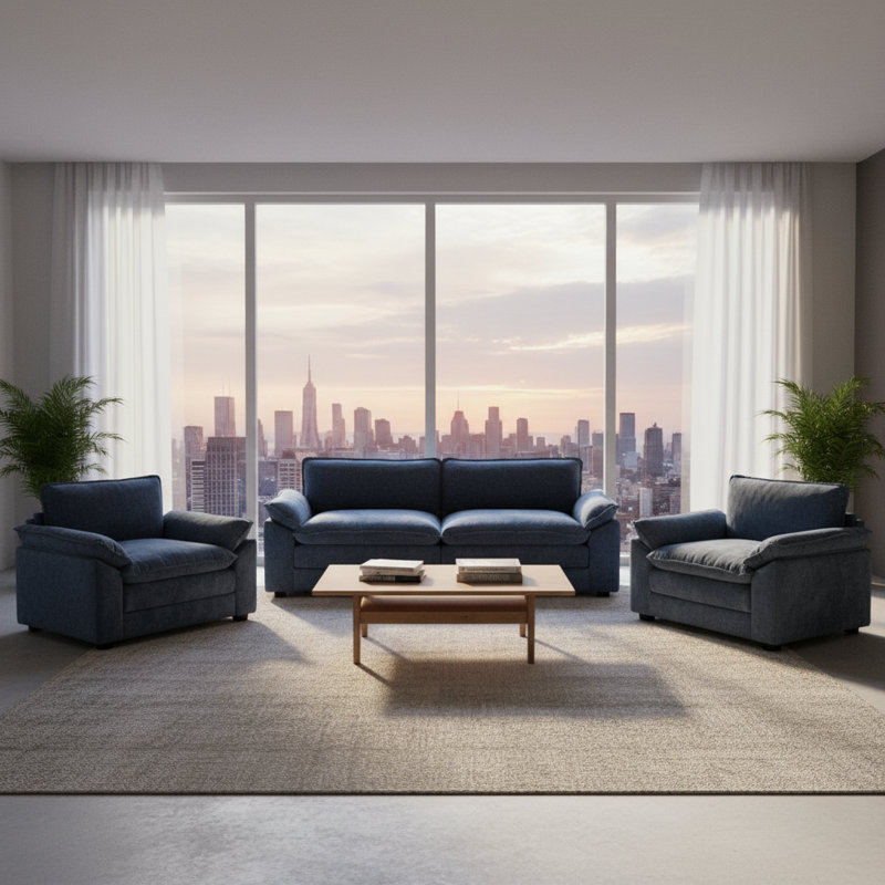 Ensemble de salon en chenille Alberty Blue, 3 pièces: causeuse, 2 chaises, Chenille bleu