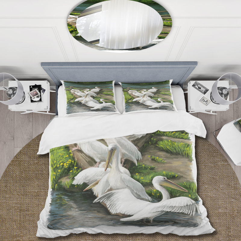 Dessin de Pelicans près de l'eau - Ensemble de housse de couette traditionnel - Microfibre de polyester