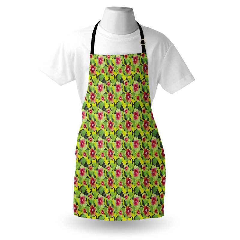 Bungalow tablier floral rose unisexe entrelacé fleurs abstraites taille adulte vert lime multicolore